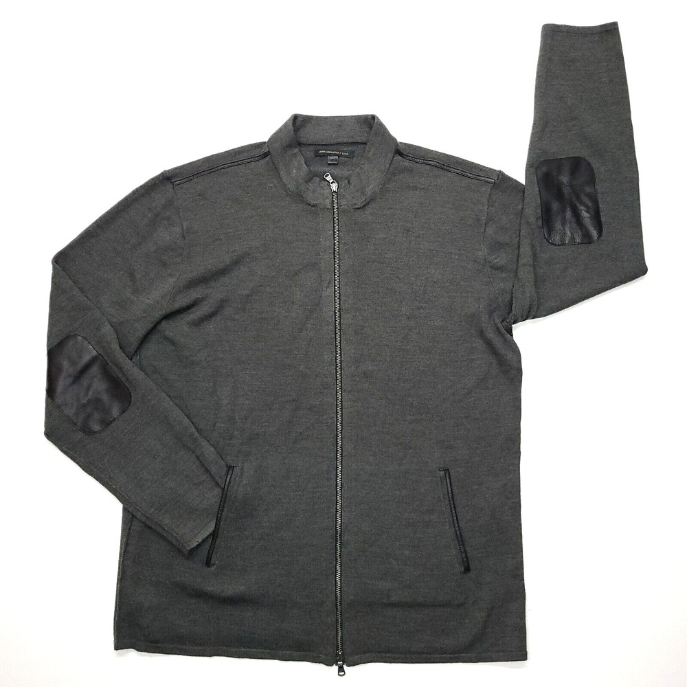 John Varavatos Cardigan Men 2XL Gray Merino Wool Shacket Leather Elbow Patches